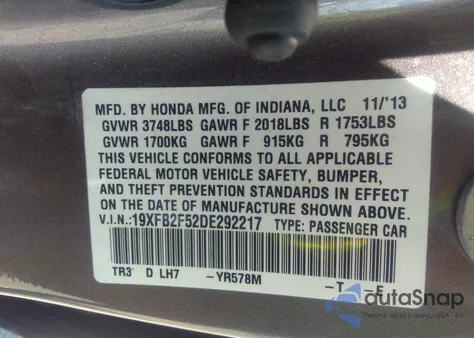 2013 Honda Civic Lx from USA, damaged, VIN 19XFB2F52DE292217